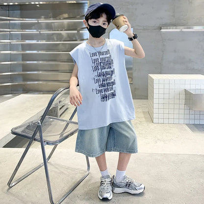 2025 New Summer Outfit Sets for Boys Sleeveless Tshirt And Denim Shorts 2 Pieces Tracksuit Kids Child Stylish Sports Suits 5-14Y