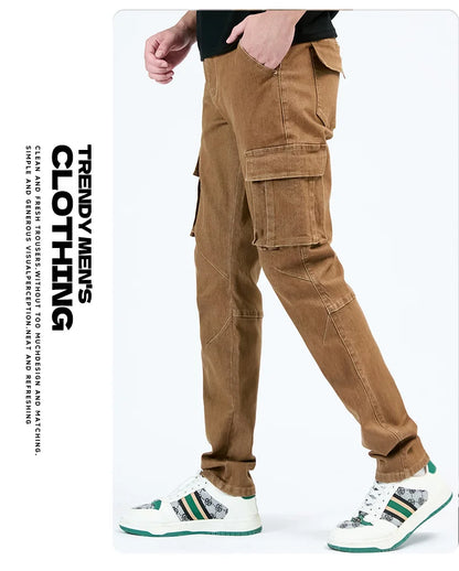 Men's Street Style Elastic Waist Denim Cargo Pants Solid Color Washed Slim Fit Casual Jeans with Multiple Pockets for Daily Wear