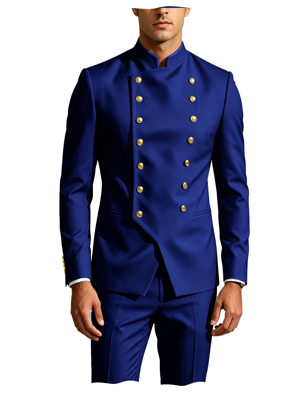 Men's Double Breasted Stand Collor Suit 2 Pieces Blazer Pants Set Slim Fit Business Casual Suit Jacket Formal Wedding Tuxedo