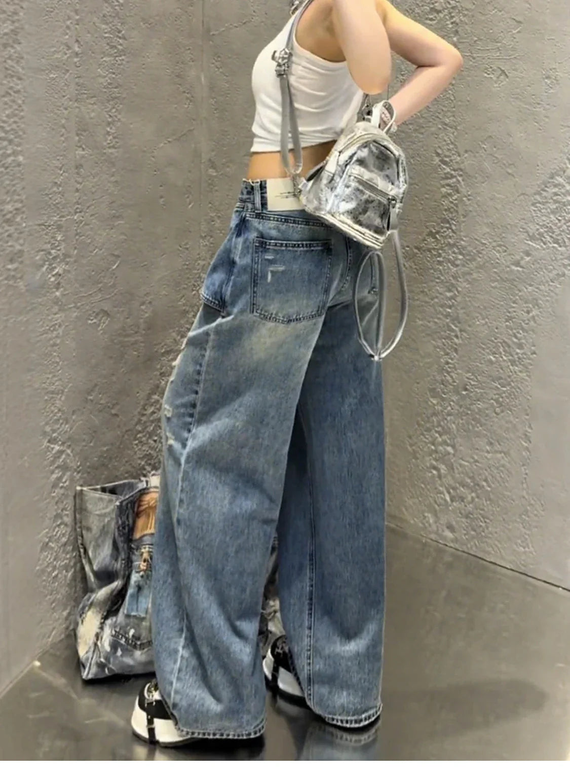 Streetwear Harajuku Jeans for Women Pantalones Vaqueros Mujer Chic Fake Two Denim Trousers Casual Straight Y2k Wide Leg Pants