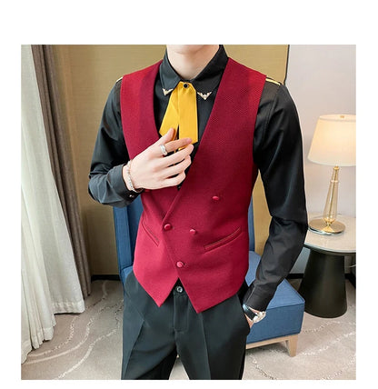 2025 New Fashion Men's Double Breasted Gentleman Dress Casual Vest Fashion Nightclub Bartender Work Clothes V Neck Vest Jacket