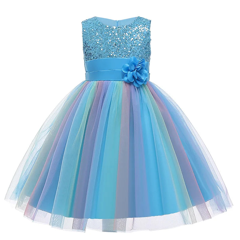 2026 Sequins Girls Dress Summer Flower Fashion Rainbow Mesh Little Princess Dresses For Piano Performance Costume Kids Clothes