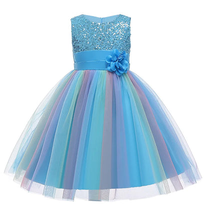 2026 Sequins Girls Dress Summer Flower Fashion Rainbow Mesh Little Princess Dresses For Piano Performance Costume Kids Clothes