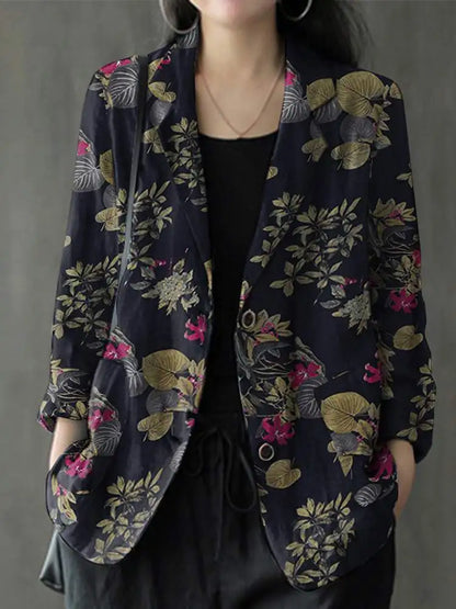 Women Cotton Blazer Vintage Lapel Neck Long Sleeve Thin Coats Autumn Elegant Work Suit Retro Floral Printed Loose Outwear