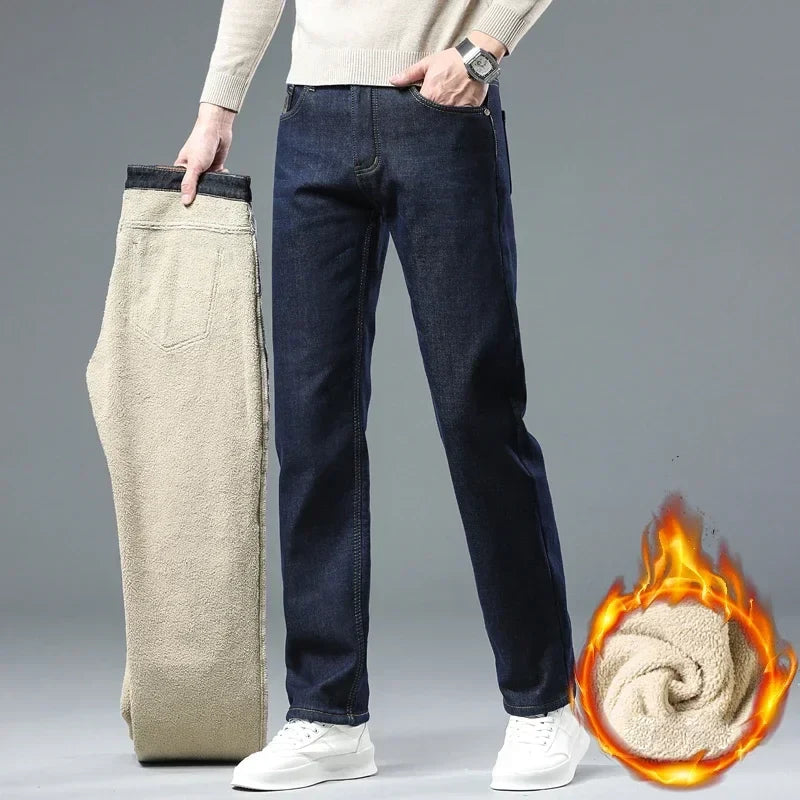 Winter Warm Fleece Jeans Men 2023 Straight Stretch Thick Casual Thermal Denim Pants Male Business Work Trousers New Men Clothing