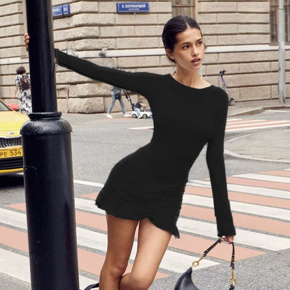 Ruched Bodycon Dress Women Sexy Long Sleeve Twist Ruffles Hem Mini Dresses Autumn White Elegant Club Party Short Vestidos