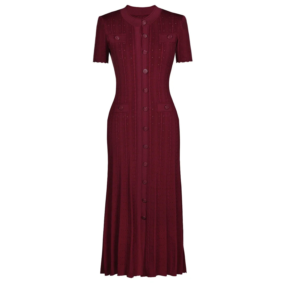 Three Color High-quality New Fashionable Elastic Knitted Hollow Round Neck Single Breasted Short Sleeved Slim Fit Women's Dress