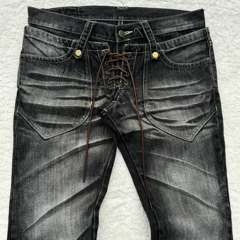 Y2K Distressed Flare Jeans Gothic Men Double Waist Lace Up Denim Pants Retro Washed Scratches Streetwear Unisex Bootcut Jeans