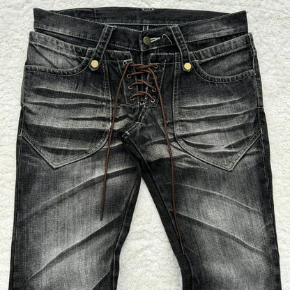 Y2K Distressed Flare Jeans Gothic Men Double Waist Lace Up Denim Pants Retro Washed Scratches Streetwear Unisex Bootcut Jeans