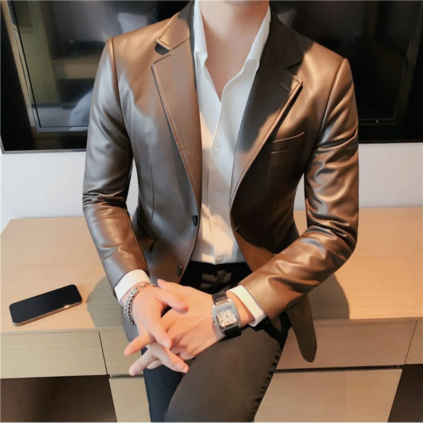 Men's Leather Jacket 2024 Autumn Highend Fashion Solid Slim Fit Business Blazers Coats Korean Casual PU Leather Suit Tuxedo