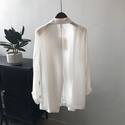 All-match Turn-down Collar Solid Color Pockets Button Chiffon Cardigan Shirt Coats Formal Women's Clothing Spring Summer Tops