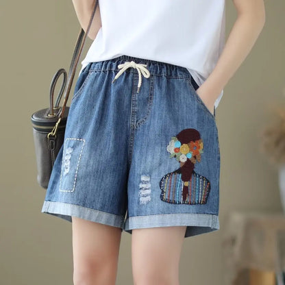 Embroider Shorts Jean For Women Summer Japanese Style Ethnic Elastic Waist Blue Flowers Embroidery Denim Shorts y2k