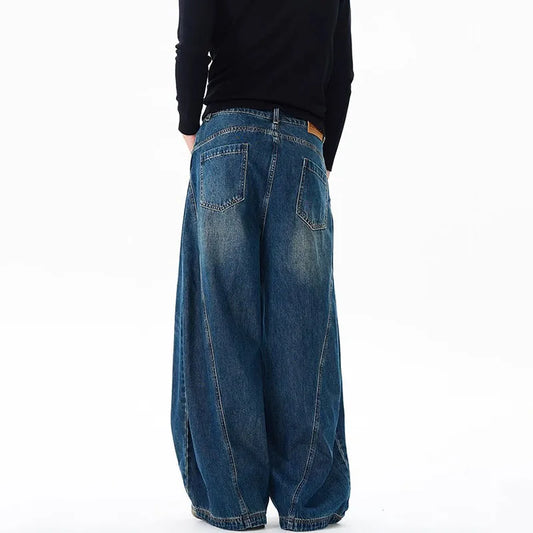 Spring New Men'S Jeans Wide Leg Pants Loose Machete Jeans Vintage Lightning Cracked Denim Trousers