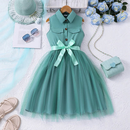 2025 Teen Girl Dress Summer Blue KIds Dresses Sleeveless Casual Vacation Elegant Mesh Children Princess Dress 7 8 9 10 11 12 Yrs