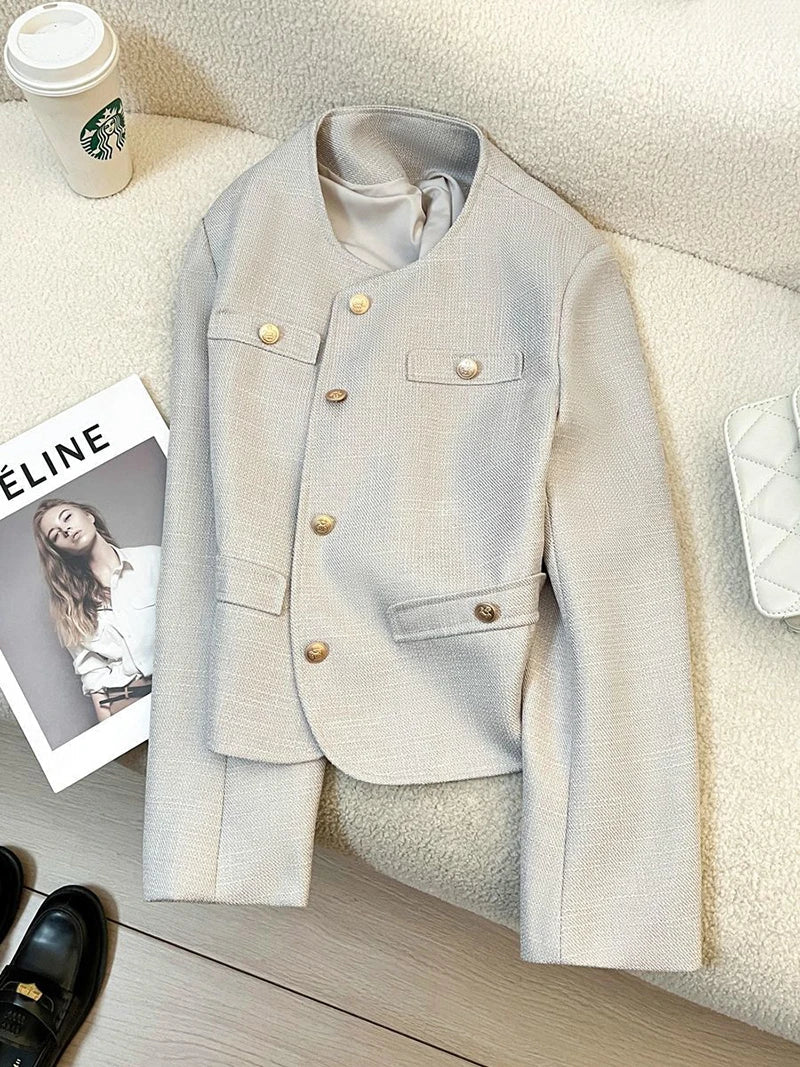 Elegant Office Lady Blazers Women Long Sleeve Button Spring Autumn Suit Coats Vintage Loose Casual Small Fragrance Crop Jacket