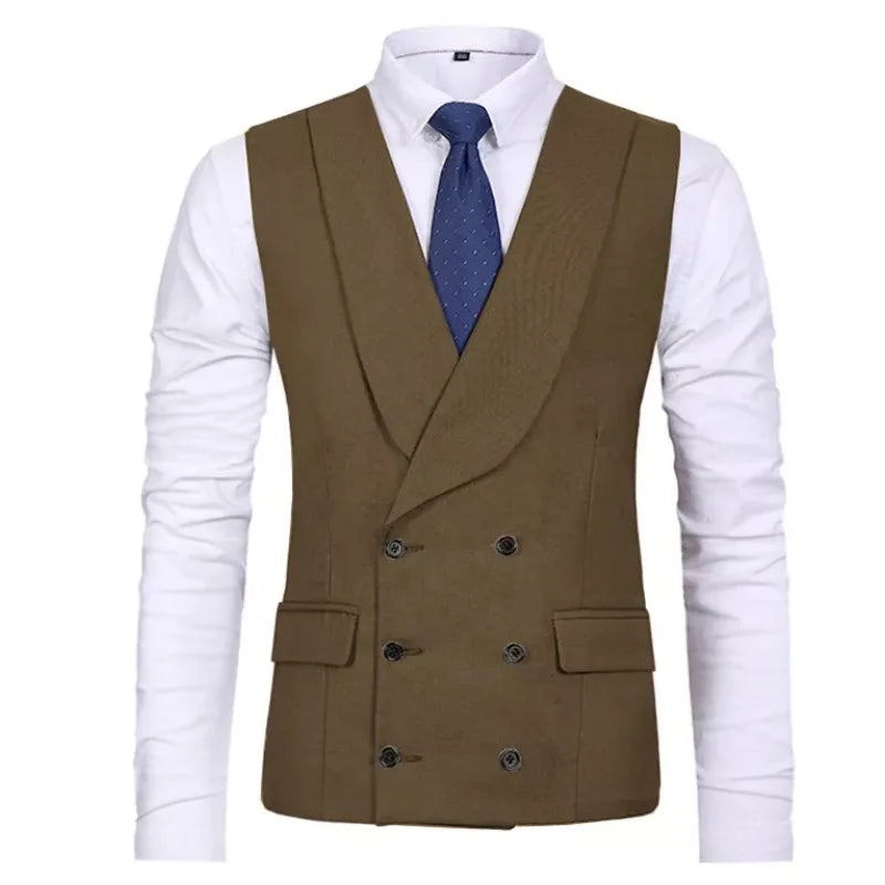 Men Vest Gray Double Breasted Casual Business Waistcoat Jacket Formal Slim For Groosmen Wedding Banquet Suit