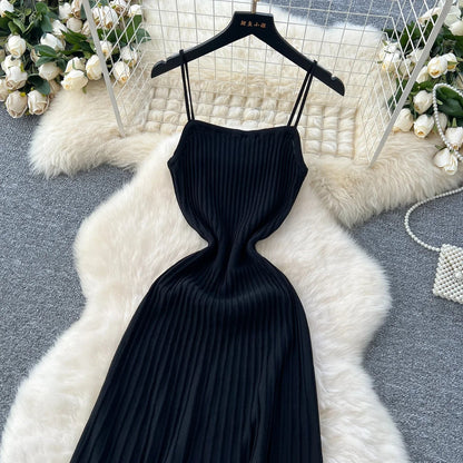 Knitted Pleated Long Dress High Waist Midi Sling Dress Elegant Sleeveless Yellow Dress Women Streetwear Black Bodycon Dress