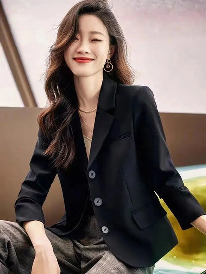 Coffee Small Blazer Jacket Spring Autumn Women Short Suit Coat Korean Casual Long Sleeve Single Breasted Blazers Solid Short Top