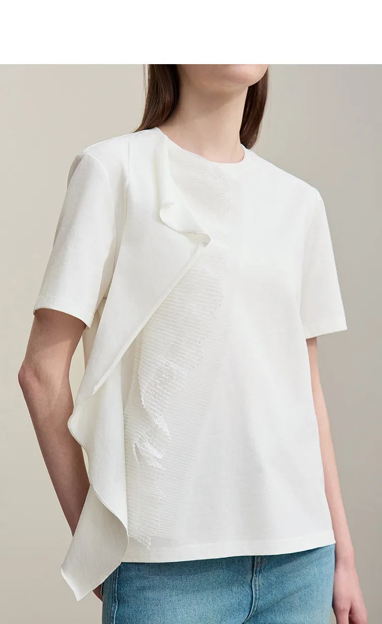 Women's T-Shirt 2026 Summer New Round Neck Ruffle Hem Cotton Tee Lace Trim Short Sleeve Loose Fit Top For Women 12642012