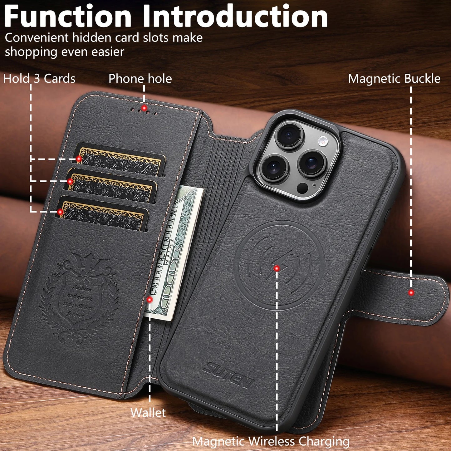 Faux Leather Wireless Charging Card Holder Stand Wallet Magnetic Flip Cover Phone Case For iPhone 17 Pro Max 16 Plus 15 14 13