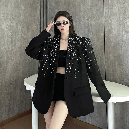 High-Quality Hot Diamond Black Blazer Women's Neutral Spring And Autumn New Design V ersatile Long-Sleeved Shoulder Padded Suit