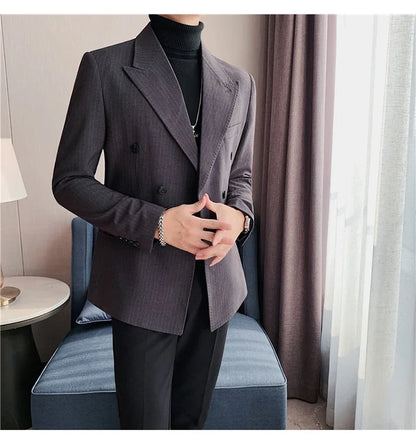 Classic Luxury Striped Men Suit Jacket Fashion Double Breasted Business Office Wedding Tuxedos Male High Quality Slim Fit Blazer