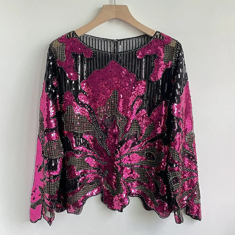 2025 Spring New Sequined Premium Outer Wear Ins Fashion Luxury Beads Long Sleeve Irregular Loose Chic T-shirt Top