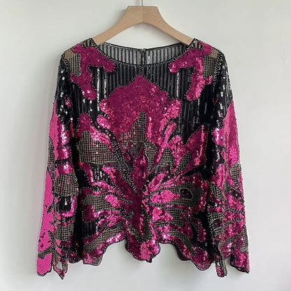 2025 Spring New Sequined Premium Outer Wear Ins Fashion Luxury Beads Long Sleeve Irregular Loose Chic T-shirt Top