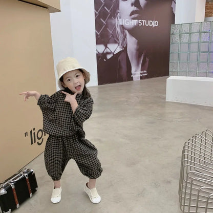 Kid Girls Korean Style Cotton Linen Suits Spring Autumn 2026 New Summer Baby Girl Fashion Casual Plaid 7-point Sleeve 2pcs Sets