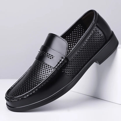2026 Summer Mens Leather Loafers Slip on Casual Shoes Breathable Moccasins Comfortable Walking Office Flats Male Walking Shoes
