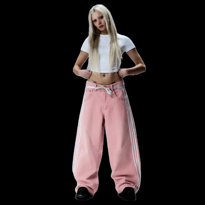 Y2K American Retro High Waisted Jeans Loose Wide Leg Pants Harajuku Style Street Striped Gothic Niche Design Casual Pants