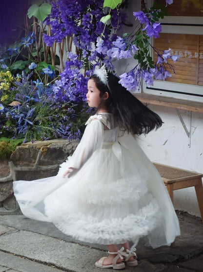 Sweet Baby Girls 2026 Summer New High-end Tulle Sequin Formal Princess Gown Kids Performance White Tulle Birthday Party Dress
