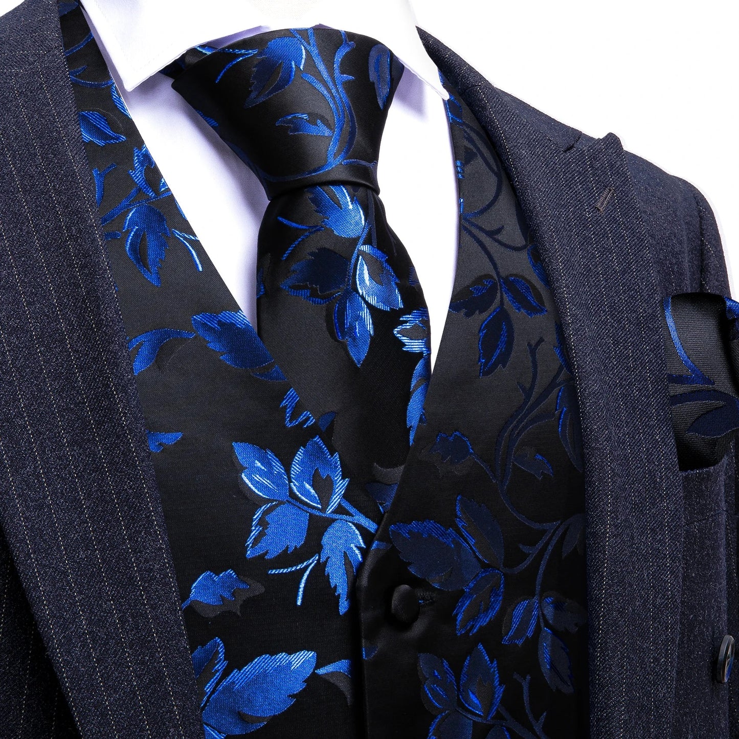 Men's Elegant Floral Vest & Tie Hanky Cufflinks Set – Formal Wine Green Blue Waistcoat for Weddings Events Party Gift