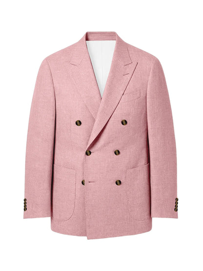 Men's Linen Double Breasted Blazer Peak Lapel Casual Business Suit Jacket With Patch Pockets For Daily Office Wear