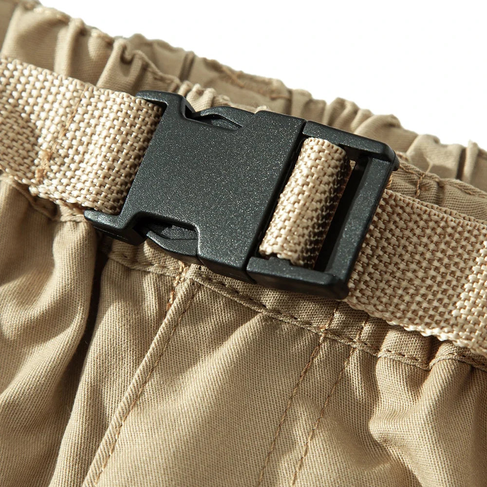 Mens Cargo Shorts 100% Cotton Casual Running Shorts Elastic Waist Hiking Outdoor with a Belt