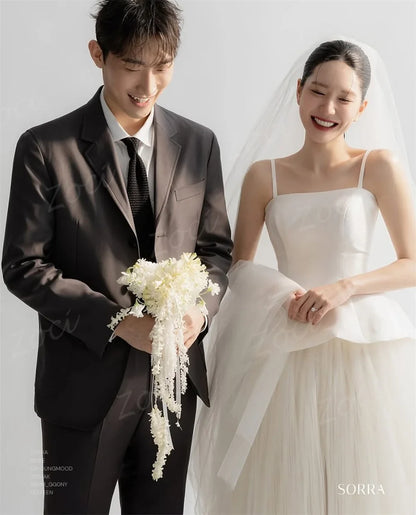 Customized Korea A Line Wedding Dresses Tiered Tulle Lace Up Bride Formal Party Wedding Photography Long Bridal Gown Women