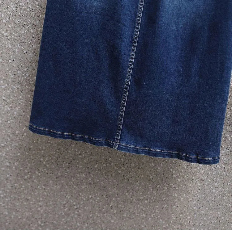 Summer New Women Elastic Waist Denim Skirts Korean Style Elegant Oversized High Waist Slit Skirts Mid Length Ladies Skirts