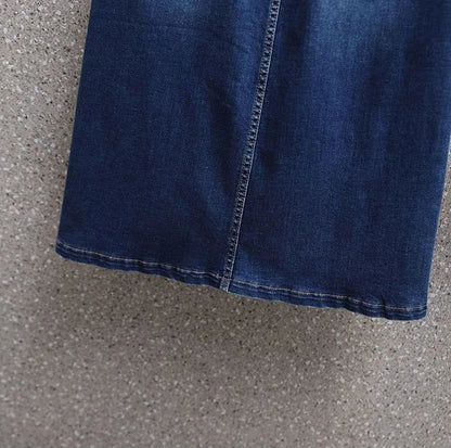 Summer New Women Elastic Waist Denim Skirts Korean Style Elegant Oversized High Waist Slit Skirts Mid Length Ladies Skirts