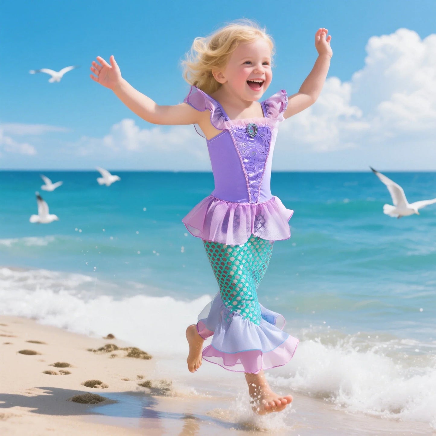 2025 Girls Mermaid Dress Princess Cosplay Party Costumes Summer Purple Elegant Flying Sleeve Fancy Dresses For 2-10Y Kids