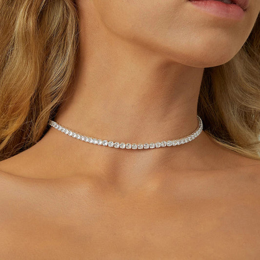2mm All Moissanite Tennis Necklace for Women 925 Silver Plate 18K Gold Choker Chain Sparking Diamond Riviera Necklace Adjustable