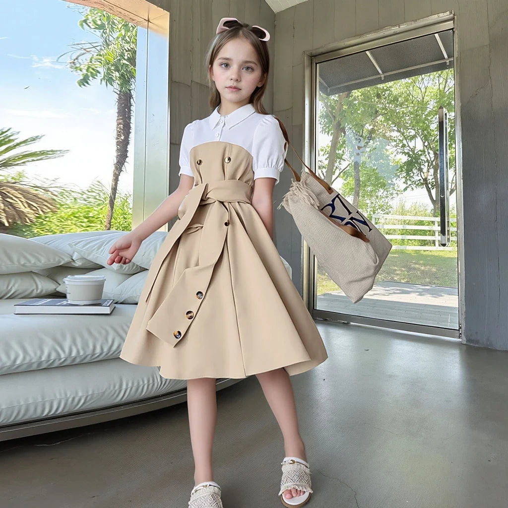 2025 Vintage Elegant Kids Girl Dress Summer Short Sleeves School Graduation Birthday Party Children Dresses 7 8 9 10 11 12 Yrs
