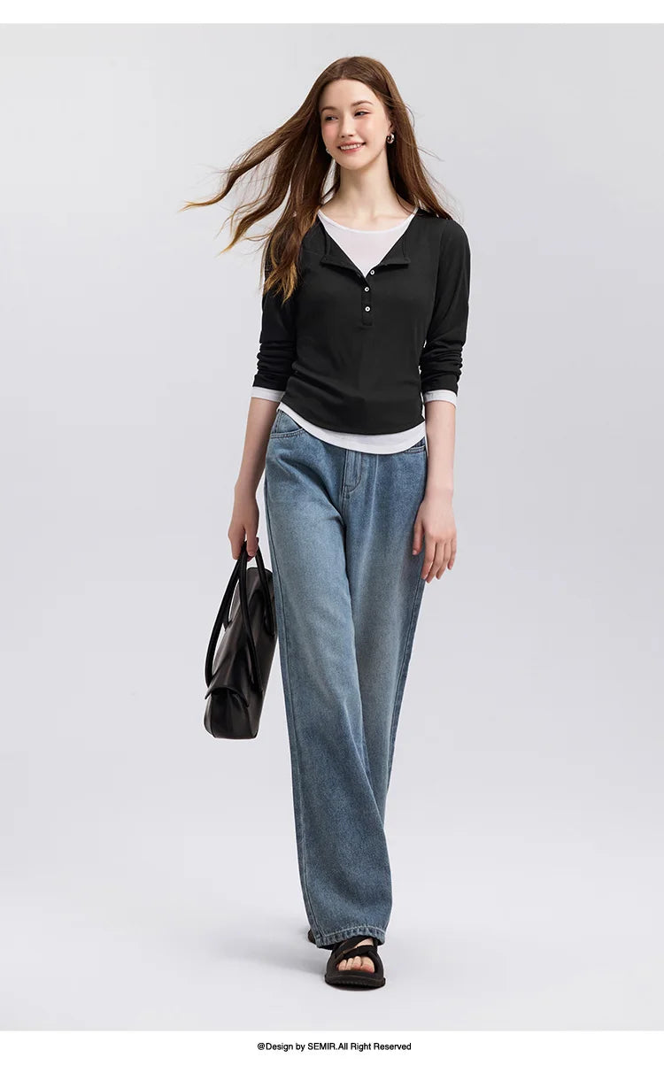 Jeans Women Heightening Pure Cotton Long Trousers Autumn 2024 New Flesh-hiding Wide-leg Trousers
