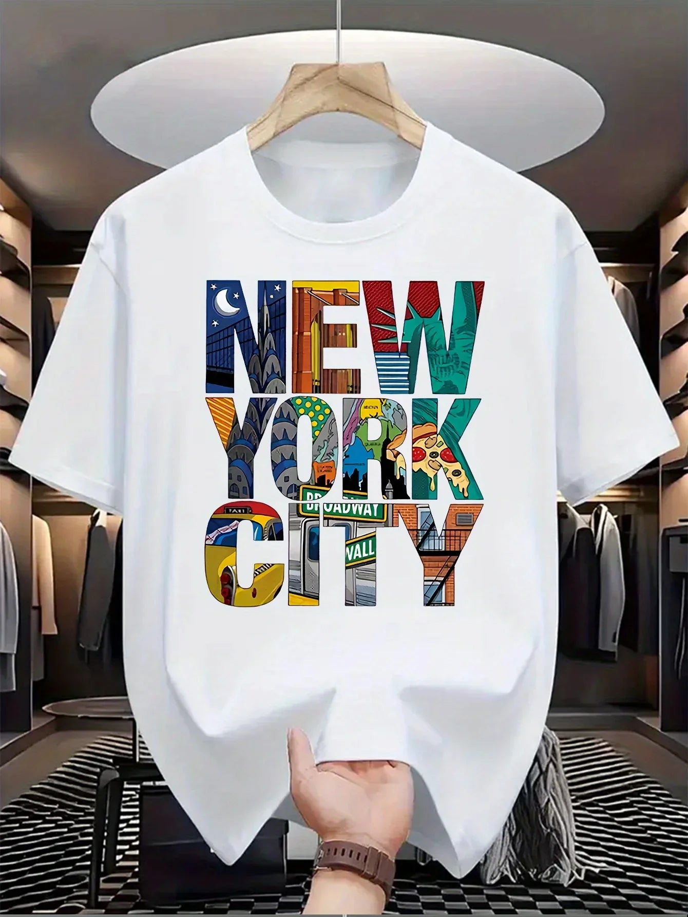 Summer men's 100% pure cotton casual loose fit plus size New York City printed comfortable round neck short sleeved T-shirt top
