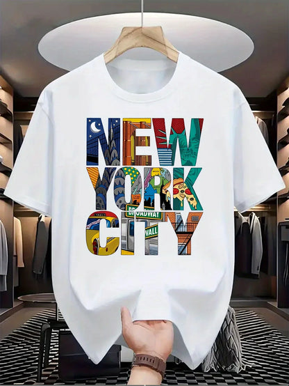 Summer men's 100% pure cotton casual loose fit plus size New York City printed comfortable round neck short sleeved T-shirt top