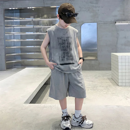 New Kids Designer Streetwear Summer Top Bottom Suit Sleeveless T-shirt And Shorts 2 Pcs Clothes Set Children Boys Casual Outfit