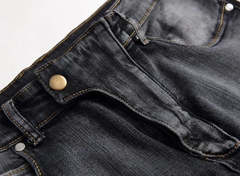 Men's New Casual Motorcycle Jeans Hip Hop Street Riding Stretch Slim Fit Straight Pants Patchwork Fashion Denim Trousers Male