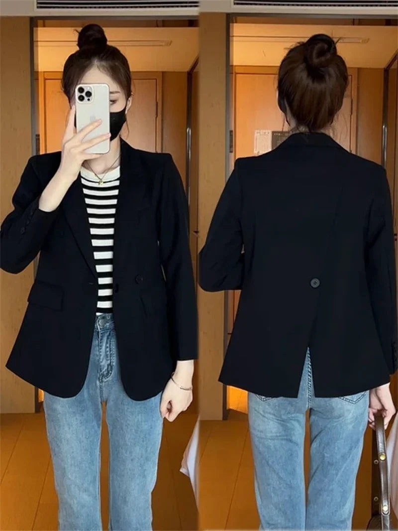 Suit Jacket Spring 2025 New Women Blazers Casual Notched Female Chic Coat Slim One Button Temperament Suit Coats Khaki Outwear