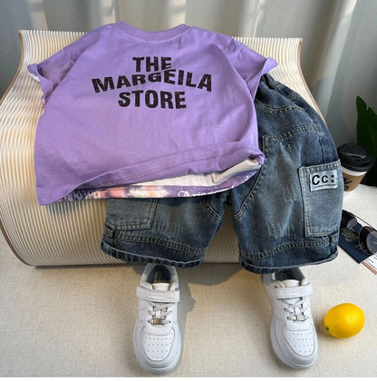 Korean Children's Summer Clothes Kids Set Outfits Boys 2026 Handsome Sleeveless&Short Sleeved T-shirt Denim Shorts 2-piece Set