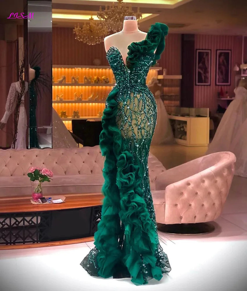 Luxury Beaded Appliques Mermaid Evening Dresses Elegant Side Split Ruffles Tulle Prom Dress Glitter Sequins Formal Gowns