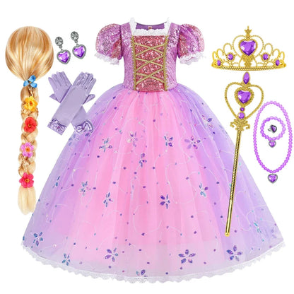Girl Rapunzal Princess Dress Halloween Cosplay Ball Gown Party Costume Disguise Kids Outfit Children Clothes